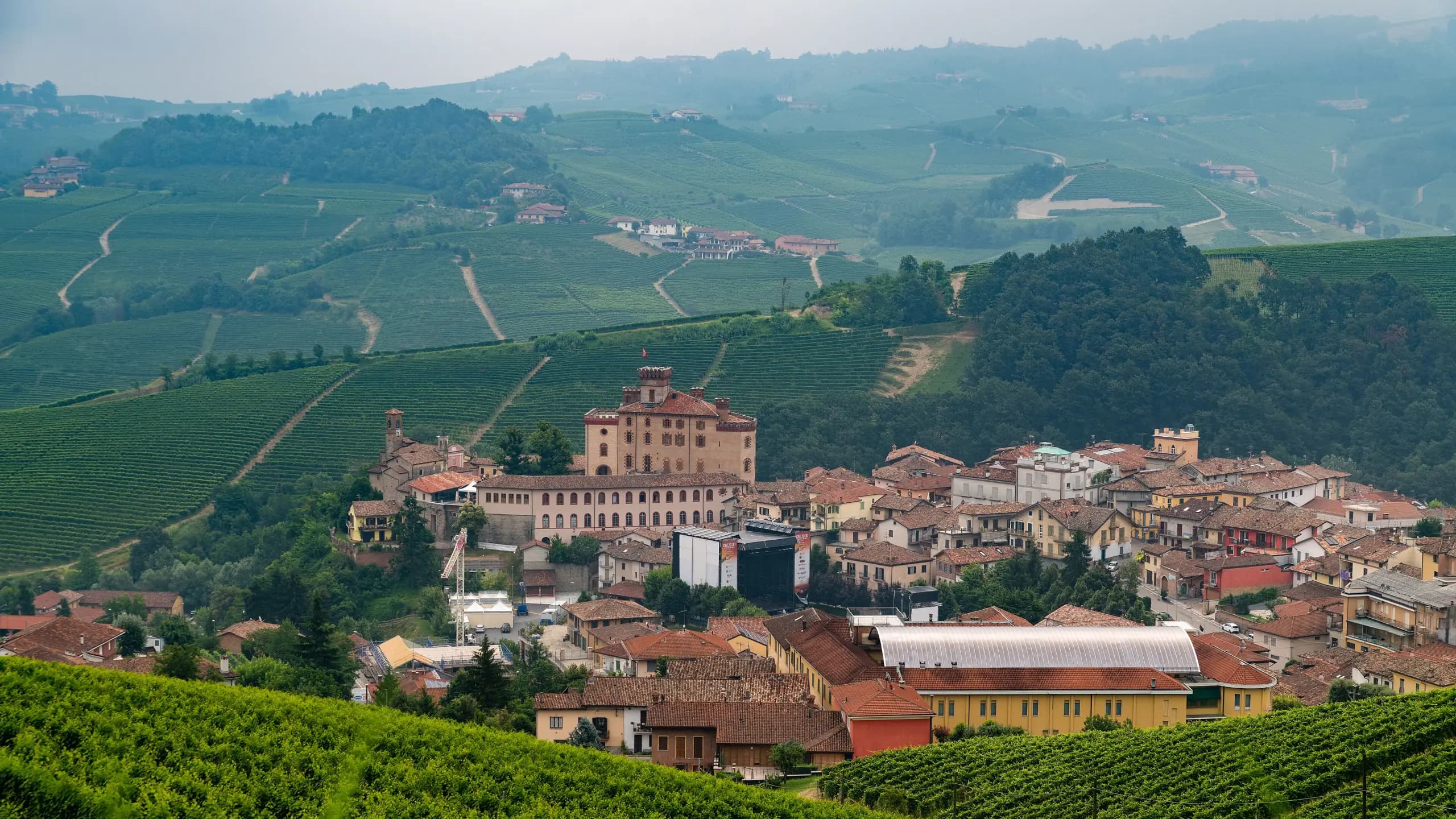 Barolo village and its Castello Falletti among the vineyards