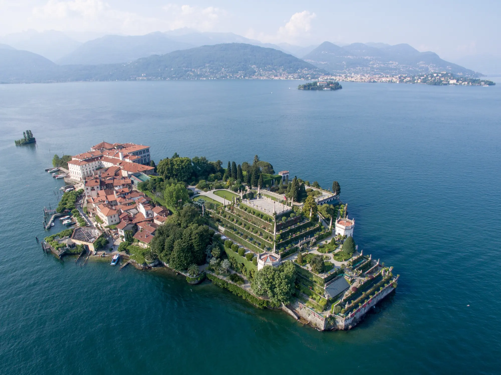 Aerial view of Isola Bella on Lake Maggiore, with Palazzo Borromeo and its terraced baroque gardens